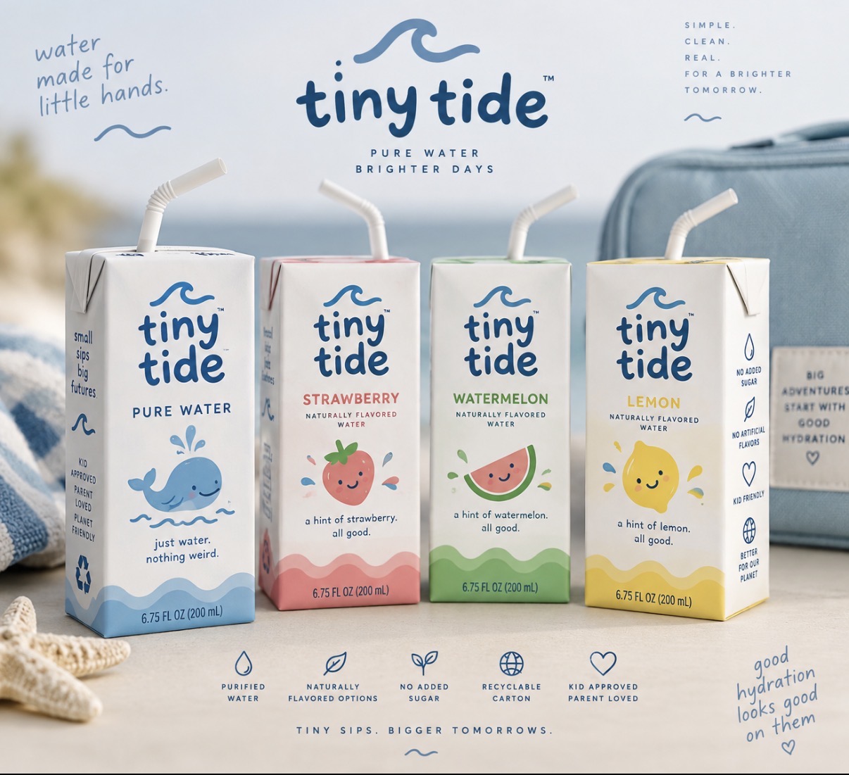 Tiny Tide Pure Water, Strawberry, Watermelon, and Lemon cartons